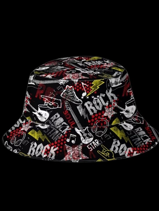 Fashion Hats Accessories - Rock-Print Bucket Hat - Black/Red Unisex 22"/23"